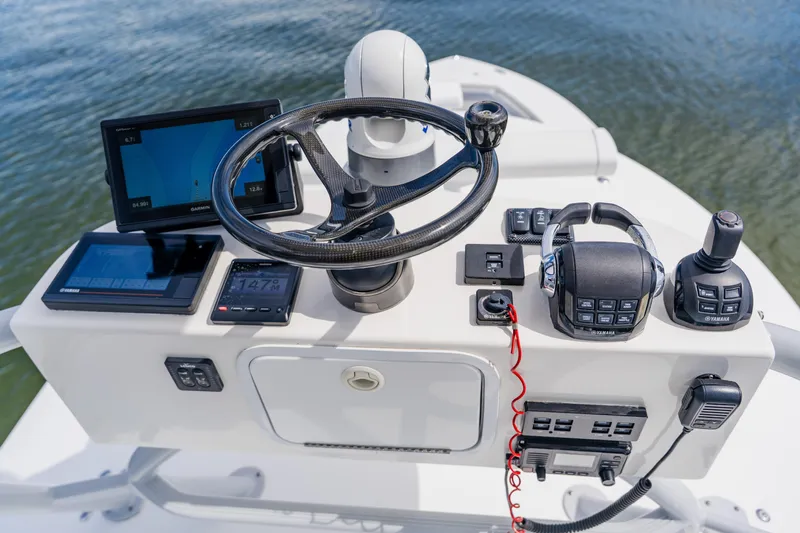  Yacht Photos Pics Control panel of a 2018 Regulator 41 boat with advanced navigation equipment.