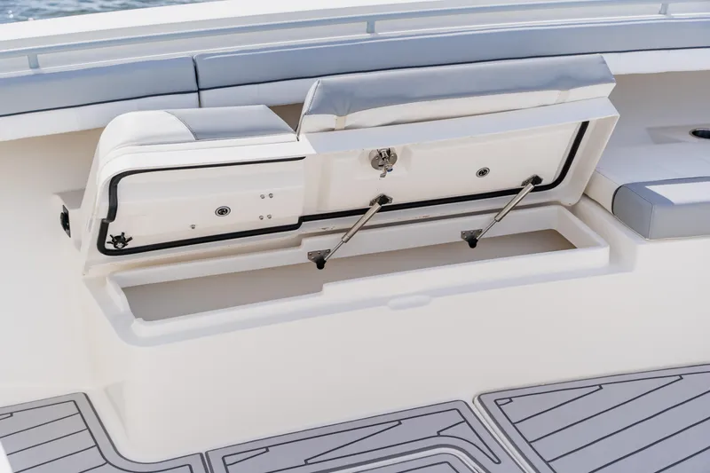  Yacht Photos Pics 2018 Regulator 41 boat storage compartment with open lid and hydraulic supports.