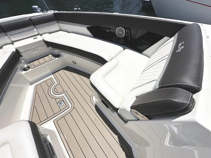 Knot About You Yacht Photos Pics Luxurious seating area on a 2017 Sea Ray SLX 350 boat.