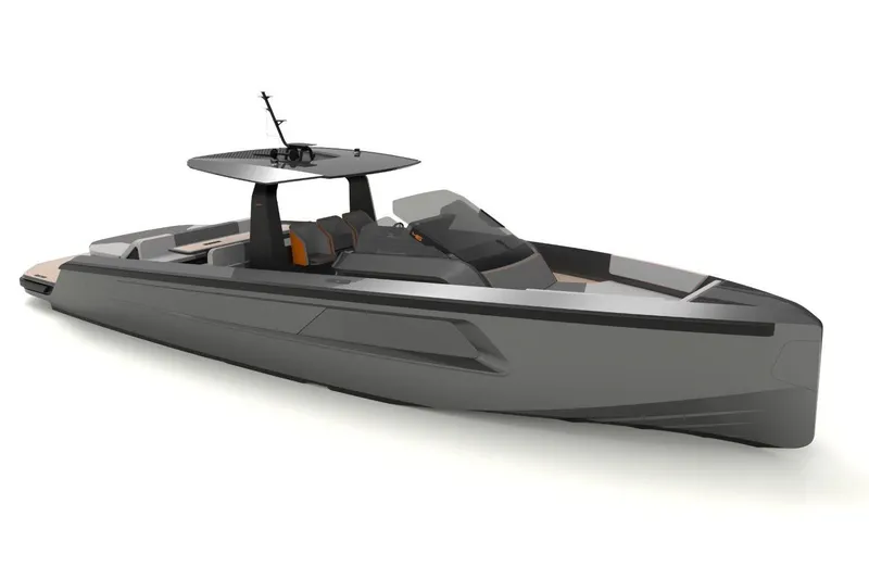  Yacht Photos Pics 2025 Maori 46 yacht, sleek modern design, gray exterior, luxury watercraft.