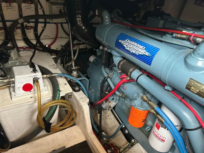Matilda Bay Yacht Photos Pics Engine room of a 1997 Tiara Yachts 3500 Express, featuring a Diamond Performance engine.