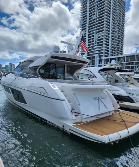  Yacht Photos Pics 2018 Sunseeker Predator yacht docked in a marina with cityscape background.