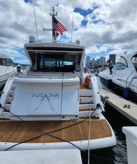  Yacht Photos Pics 2018 Sunseeker Predator yacht docked at marina with city skyline in background.