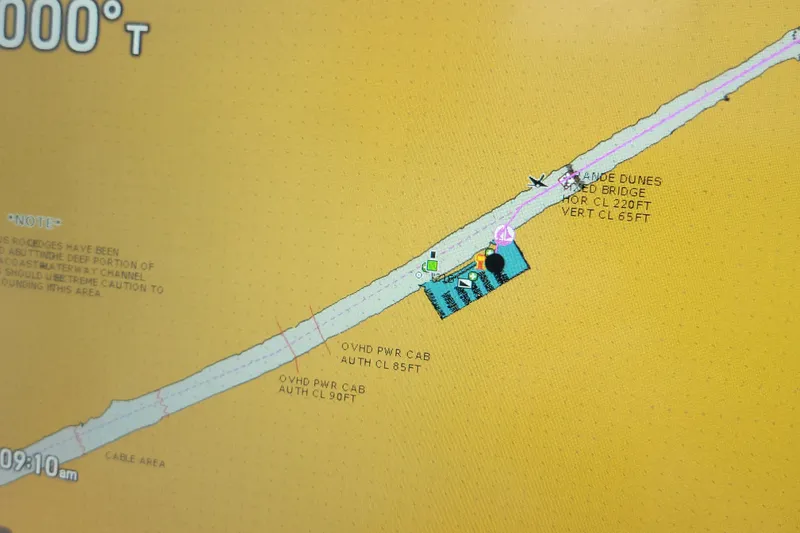 Escape II Sea Yacht Photos Pics Navigation chart display on a 2003 Silverton 453 Motor Yacht, showing bridge and power cable clearances.