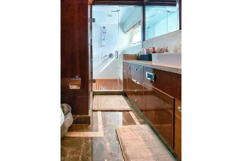 Cynderella Yacht Photos Pics Luxurious bathroom in 2010 Hargrave Custom Raised Pilothouse yacht with modern shower and elegant finishes.