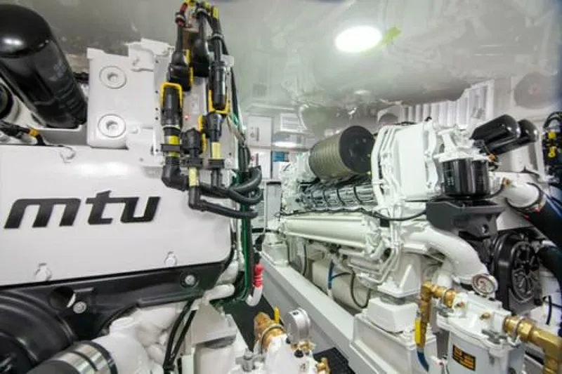 Caballo Grande Yacht Photos Pics Engine room of 2024 Viking 68 Enclosed Bridge yacht with MTU engines.