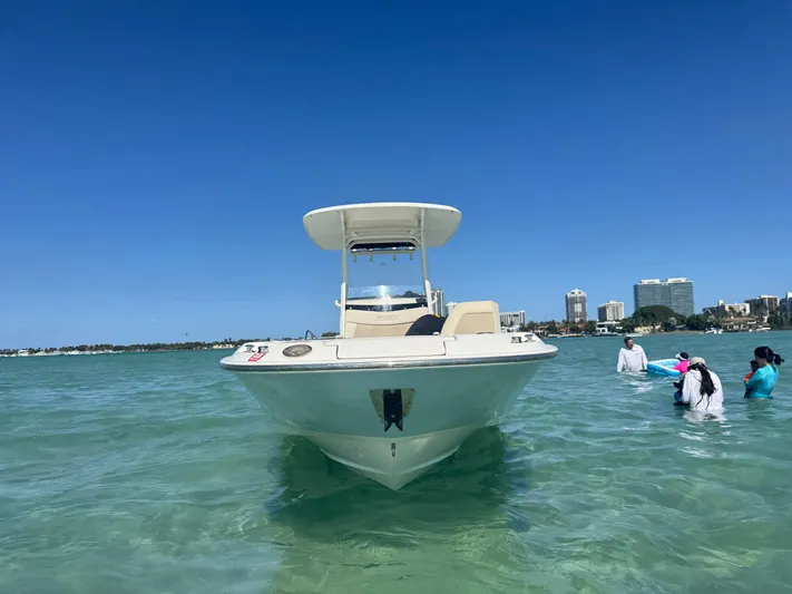  Yacht Photos Pics 2020 Boston Whaler 270 Dauntless boat in clear water, city skyline in background.
