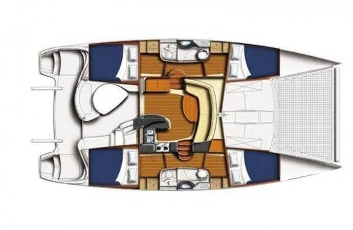 1687 Yacht Photos Pics Floor plan of a 2006 Leopard 40 catamaran, featuring cabins and living areas.