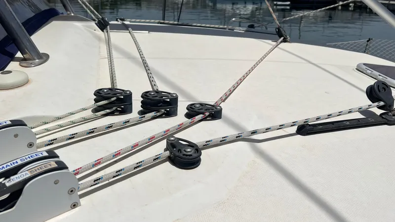 1687 Yacht Photos Pics Rope and pulley system on a 2006 Leopard 40 catamaran deck.