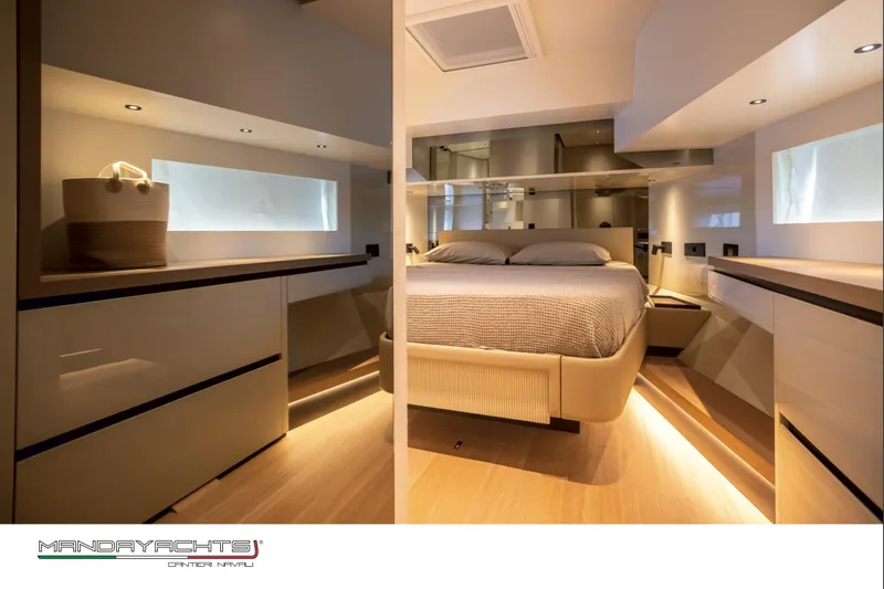  Yacht Photos Pics Luxurious interior of 2025 MandaYachts S05, featuring a modern bedroom design.