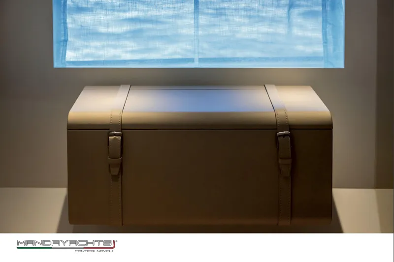  Yacht Photos Pics Luxurious MandaYachts S05 interior detail, 2025 model, featuring elegant leather storage box.