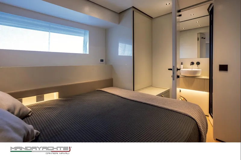  Yacht Photos Pics Luxurious bedroom interior of 2025 MandaYachts S05, featuring modern design and ambient lighting.