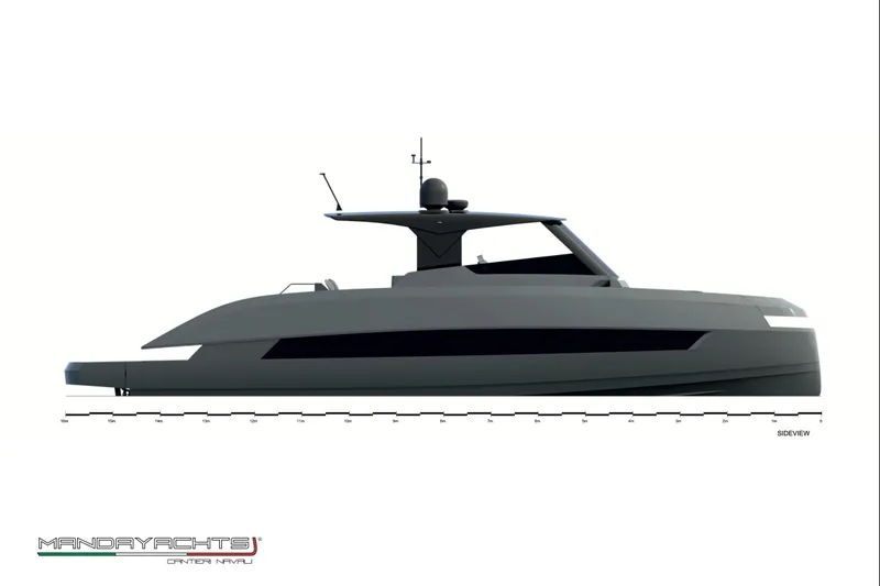  Yacht Photos Pics Side view of 2025 MandaYachts S05, sleek modern design, gray exterior.