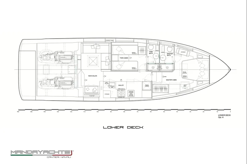  Yacht Photos Pics Lower deck layout of 2025 MandaYachts S05, featuring cabins and salon.