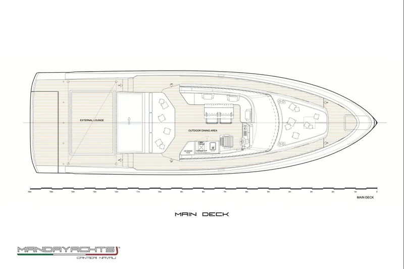  Yacht Photos Pics Main deck layout of 2025 MandaYachts S05, featuring external lounge and dining area.