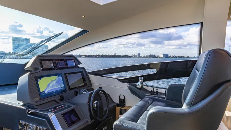 Pershing 70 White Yacht Photos Pics Luxurious 2016 Pershing 70 yacht cockpit with advanced navigation systems and panoramic water views.