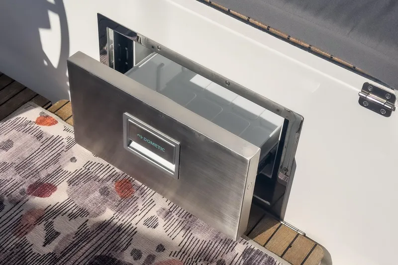 Tuanis Yacht Photos Pics Built-in Dometic drawer fridge on 2023 Bavaria C50 yacht deck.