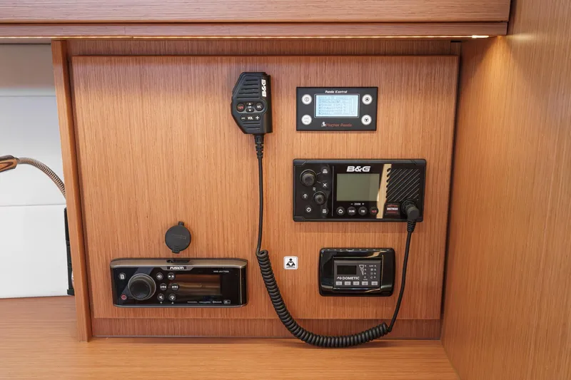 Tuanis Yacht Photos Pics Control panel of 2023 Bavaria C50 yacht with communication and navigation equipment.