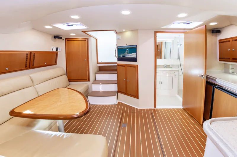 Salt Shaker Yacht Photos Pics Interior of 2008 Cabo 40 Express yacht with elegant furnishings.