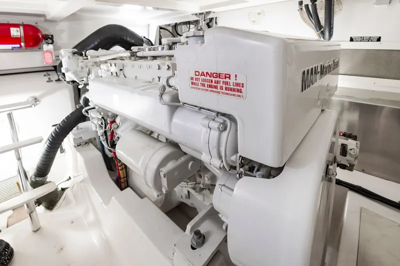 Salt Shaker Yacht Photos Pics Engine room of a 2008 Cabo 40 Express boat.