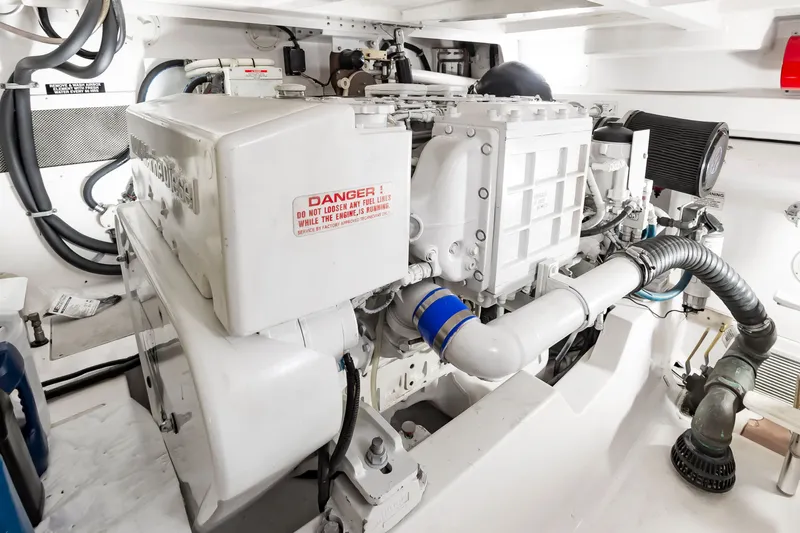 Salt Shaker Yacht Photos Pics Engine room of a 2008 Cabo 40 Express boat.