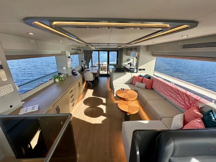  Yacht Photos Pics Luxurious interior of 2024 Sirena 68 yacht with modern furnishings and panoramic sea views.