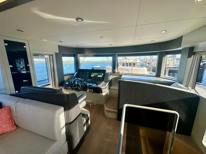  Yacht Photos Pics Luxurious interior of 2024 Sirena 68 yacht with panoramic windows and modern helm.