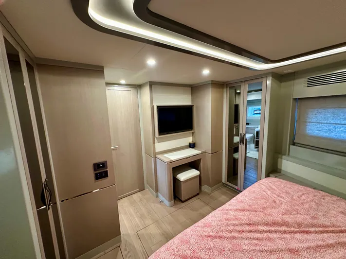  Yacht Photos Pics Luxurious interior of 2024 Sirena 68 yacht with modern design and cozy bedroom.
