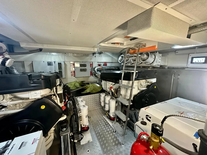  Yacht Photos Pics Engine room of 2024 Sirena 68 yacht, featuring advanced machinery and equipment.