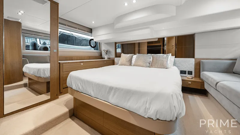  Yacht Photos Pics Luxurious 2019 Princess F49 yacht bedroom with modern design and elegant furnishings.