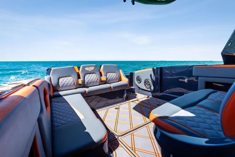 Casual Acquaintance Yacht Photos Pics Luxurious interior of 2024 Deep Impact 399 Sport boat with ocean view.