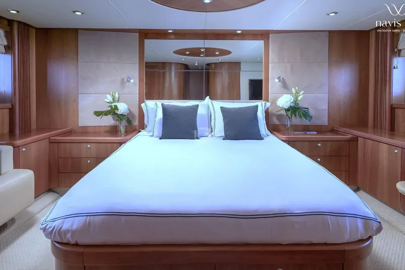  Yacht Photos Pics Luxurious bedroom interior of 2008 Sunseeker Predator 72 yacht with elegant wood finish.