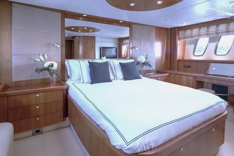 Yacht Photos Pics Luxurious bedroom interior of 2008 Sunseeker Predator 72 yacht with elegant wood finishes.
