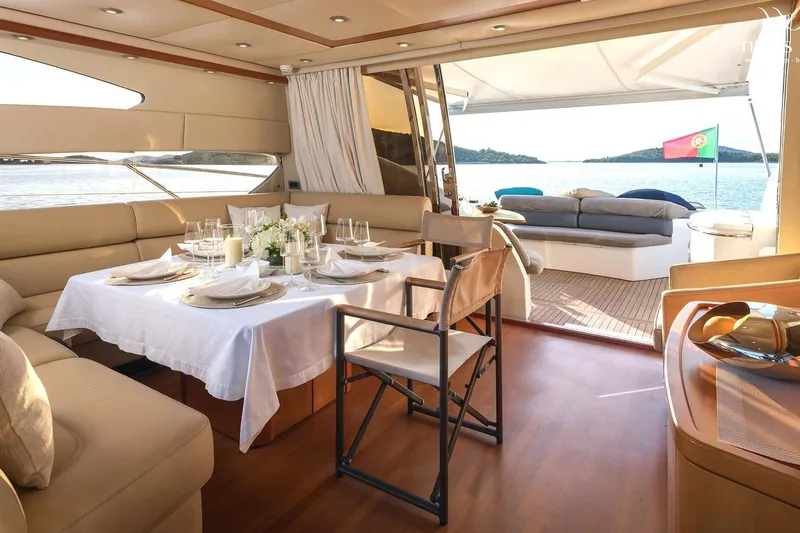  Yacht Photos Pics Luxurious interior of 2008 Sunseeker Predator 72 yacht with elegant dining setup.