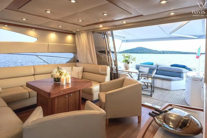  Yacht Photos Pics Luxurious interior of 2008 Sunseeker Predator 72 yacht with elegant seating and ocean view.