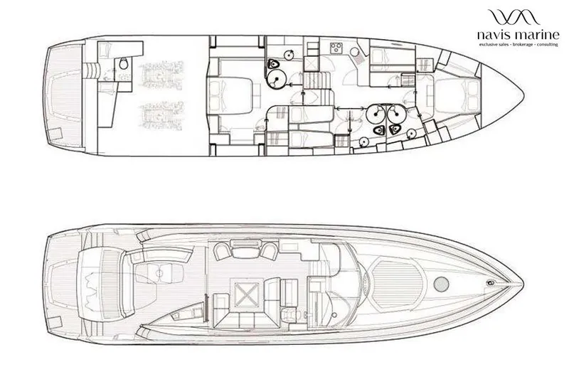  Yacht Photos Pics Floor plan of a 2008 Sunseeker Predator 72 luxury yacht, showcasing interior layout.