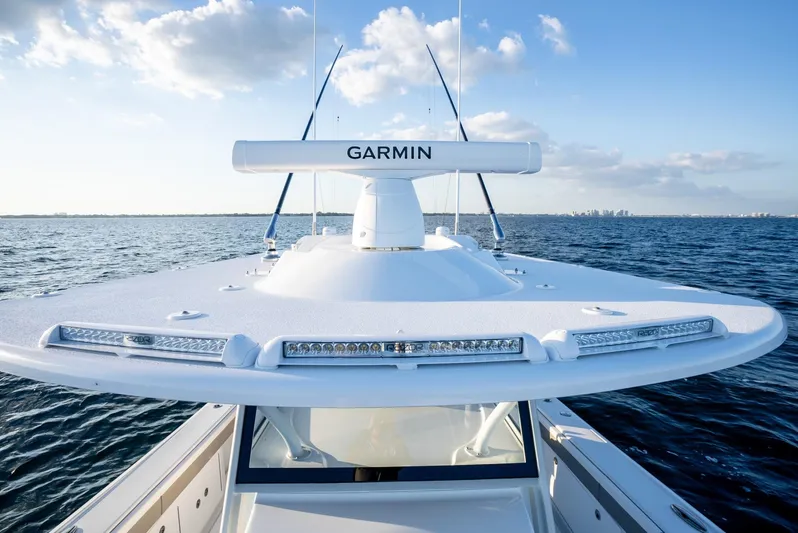  Yacht Photos Pics 2024 Yellowfin 39 boat with Garmin radar on open water.