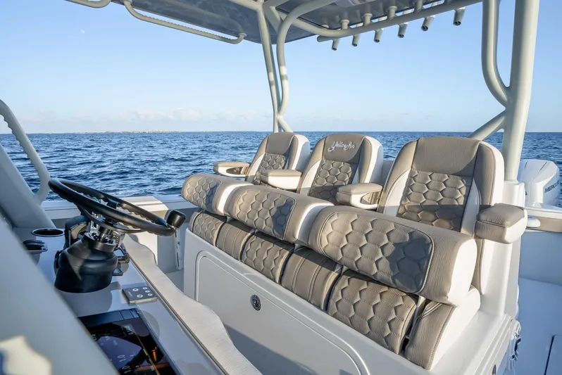  Yacht Photos Pics 2024 Yellowfin 39 boat interior with luxurious seating and ocean view.