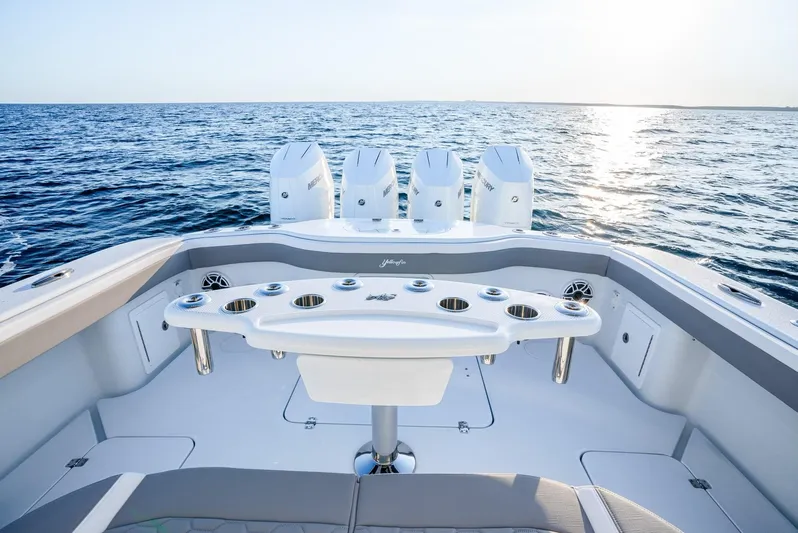  Yacht Photos Pics 2024 Yellowfin 39 boat with quad engines on open sea.