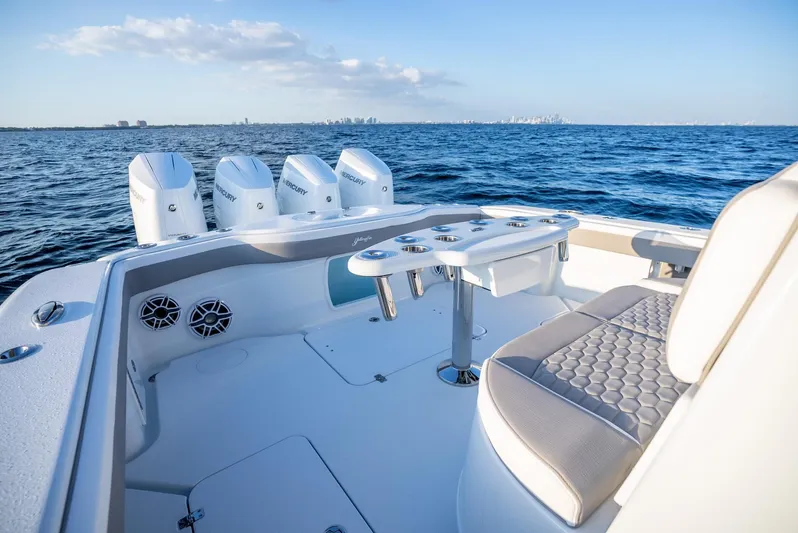  Yacht Photos Pics 2024 Yellowfin 39 boat with quad engines on open sea.