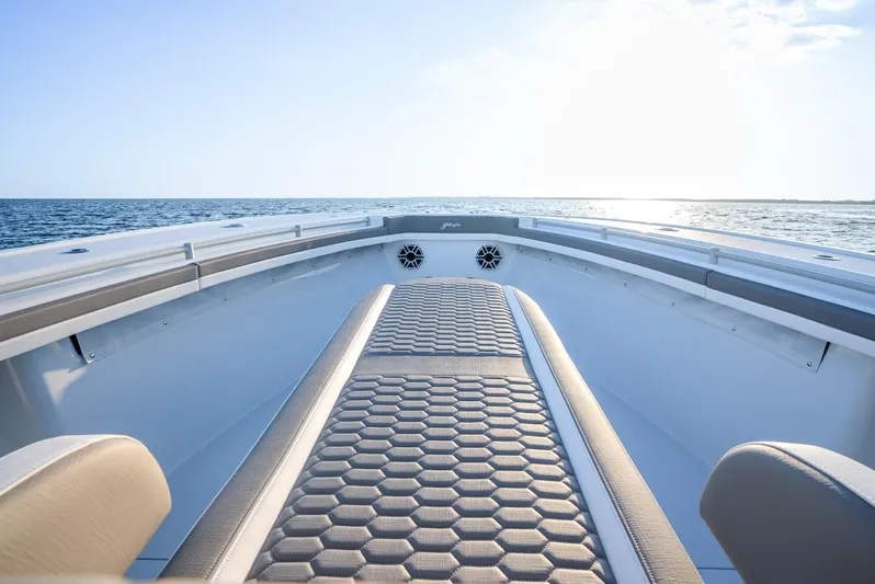  Yacht Photos Pics 2024 Yellowfin 39 boat deck with ocean view and sunny sky.