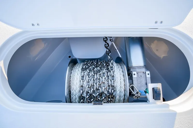  Yacht Photos Pics 2024 Yellowfin 39 anchor chain compartment with winch system.