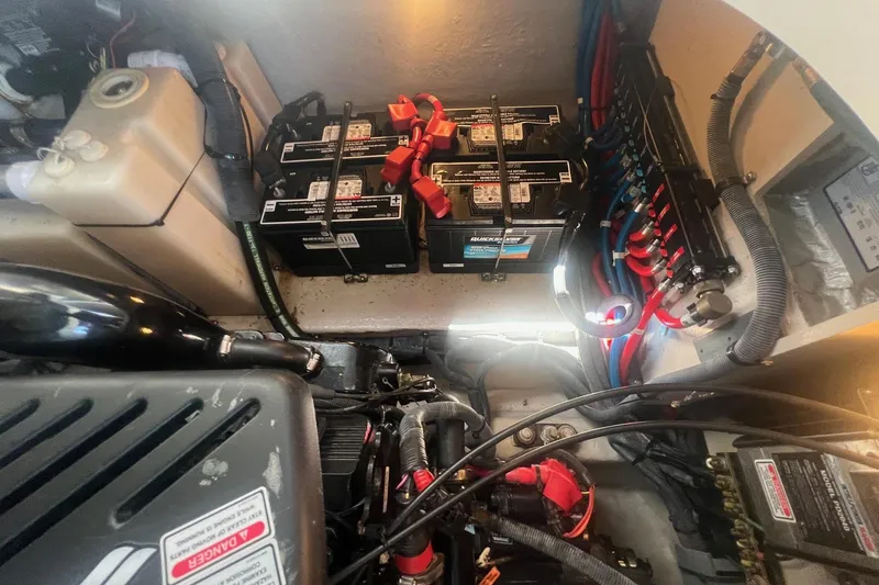  Yacht Photos Pics Engine compartment of a 2005 Sea Ray 360 Sundancer with batteries and wiring.