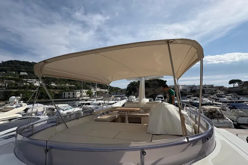  Yacht Photos Pics 2008 Apreamare Maestro 65 yacht with canopy, docked in a marina under a blue sky.