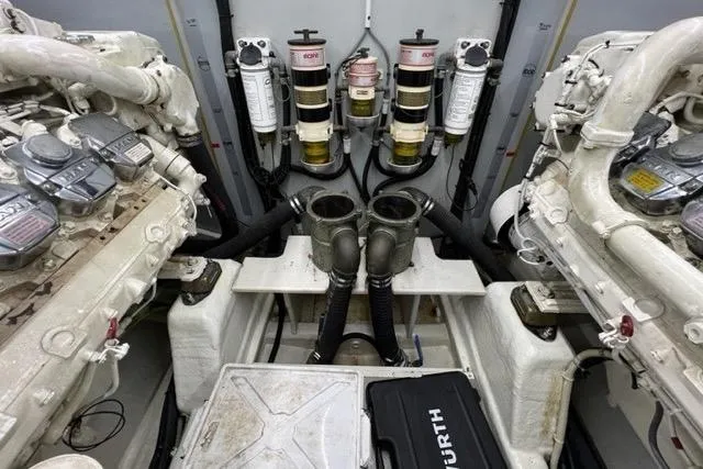  Yacht Photos Pics Engine room of 2008 Apreamare Maestro 65 yacht, showcasing dual engines and filtration systems.
