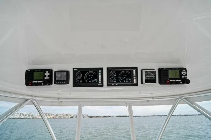 Damfino Yacht Photos Pics 2021 Viking 46 Billfish dashboard with navigation and control instruments.