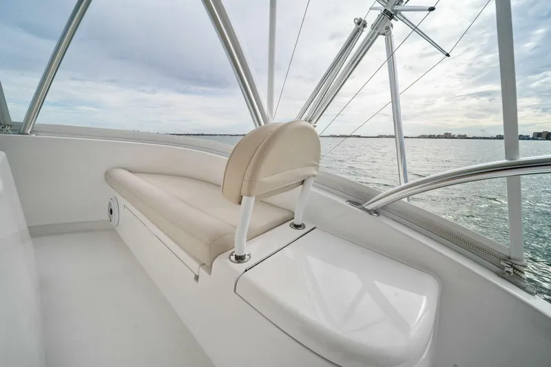 Damfino Yacht Photos Pics 2021 Viking 46 Billfish boat interior with beige seating and ocean view.