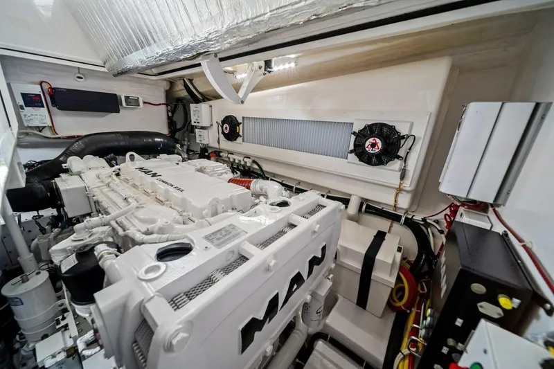 Damfino Yacht Photos Pics Engine room of 2021 Viking 46 Billfish yacht with MAN engine components.