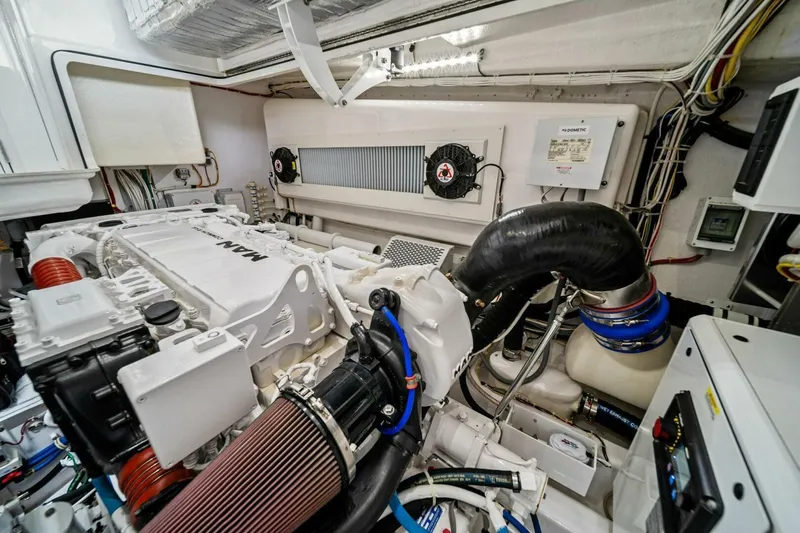 Damfino Yacht Photos Pics Engine room of 2021 Viking 46 Billfish yacht, showcasing advanced machinery and components.