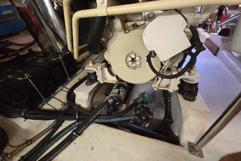 Buenos Aires Yacht Photos Pics Engine room of 2003 Riviera 48 Flybridge with visible mechanical components and wiring.